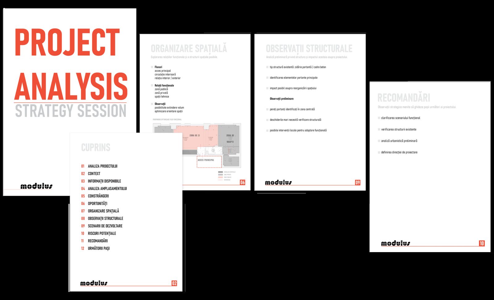 Paginile documentului Project Analysis / Strategy Session: cuprins, organizare spațială, observații structurale, recomandări