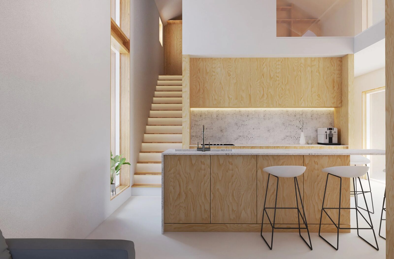 Interior luminos cu materiale naturale și vedere către grădină